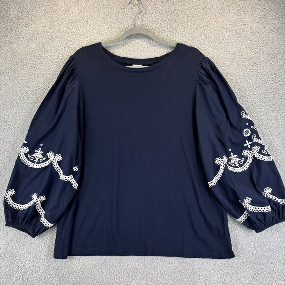 Chicos Embroidered Top XL Beachy Nautical Cottage Stretchy Balloon Sleeve 2022 - Picture 1 of 10